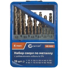 Набор сверл по металлу с кобальтом 5% в металлической коробке; 1-10 мм (через 0,5 мм), 19 шт., Cutop Profi (48-602)