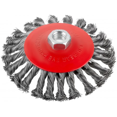 Корщетка-колесо с наклоном, гайка М14, стальная витая проволока 125 мм, блистер (39089)