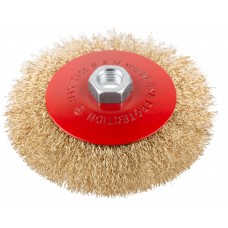 Корщетка-колесо с наклоном, гайка М14, стальная латунированная волнистая проволока 125 мм, блистер (39085)