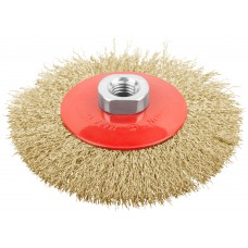 Корщетка-колесо с наклоном, гайка М14, стальная латунированная волнистая проволока 115 мм (39051)