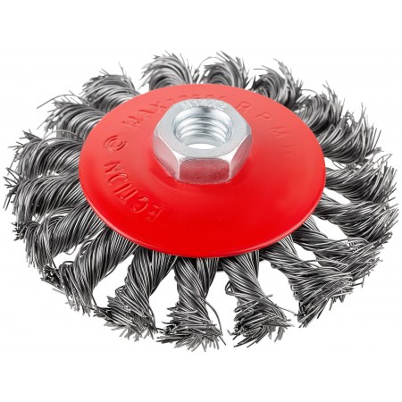 Корщетка-колесо с наклоном, гайка М14, стальная витая проволока 100 мм, блистер (39087)