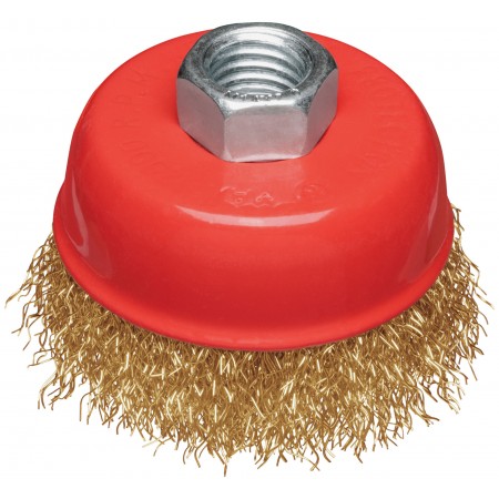 Корщетка-чашка, гайка М14, стальная латунированная волнистая проволока 65 мм, блистер (39091)
