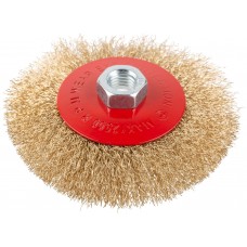 Корщетка-колесо с наклоном, гайка М14, стальная латунированная волнистая проволока 115 мм, блистер (39084)