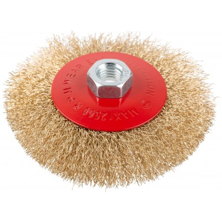 Корщетка-колесо с наклоном, гайка М14, стальная латунированная волнистая проволока 115 мм, блистер (39084)