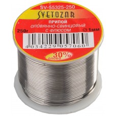 Припой ПОС 30, 1 мм, 250 г, трубка с флюсом, катушка СВЕТОЗАР SV-55325-250