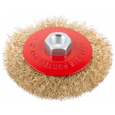 Корщетка-колесо с наклоном, гайка М14, стальная латунированная волнистая проволока 100 мм, блистер (39083)