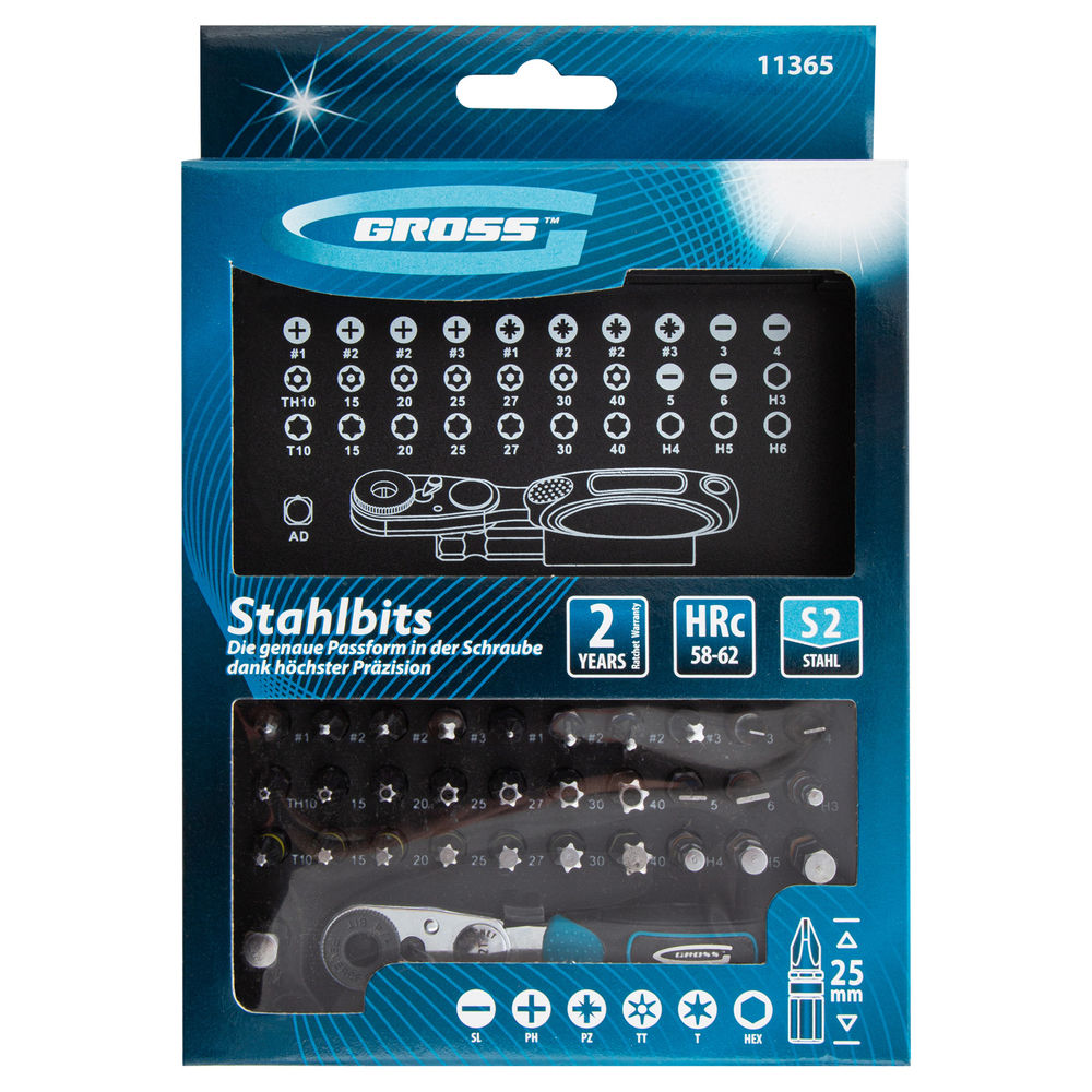 Набор бит, 1/4, магнитный адаптер, сталь S2, пластиковый кейс, 33 предмета Gross (11365)
