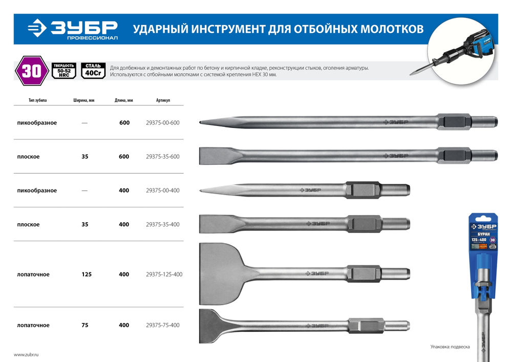 Зубило плоское 35 x 400 мм HEX 30 ЗУБР БУРАН 29375-35-400