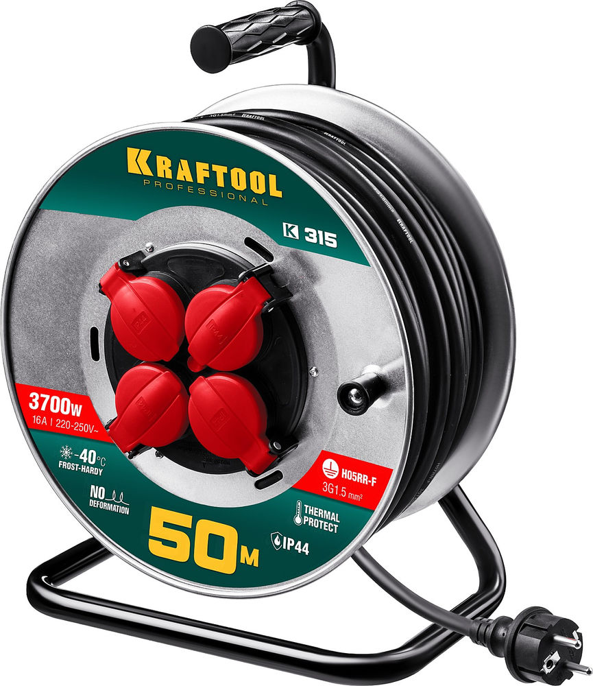 Силовой удлинитель на стальной катушке K-315, КГ, 3 x 1.5 мм2, 50 м, 3700 Вт, IP44 KRAFTOOL 55085-50_z01