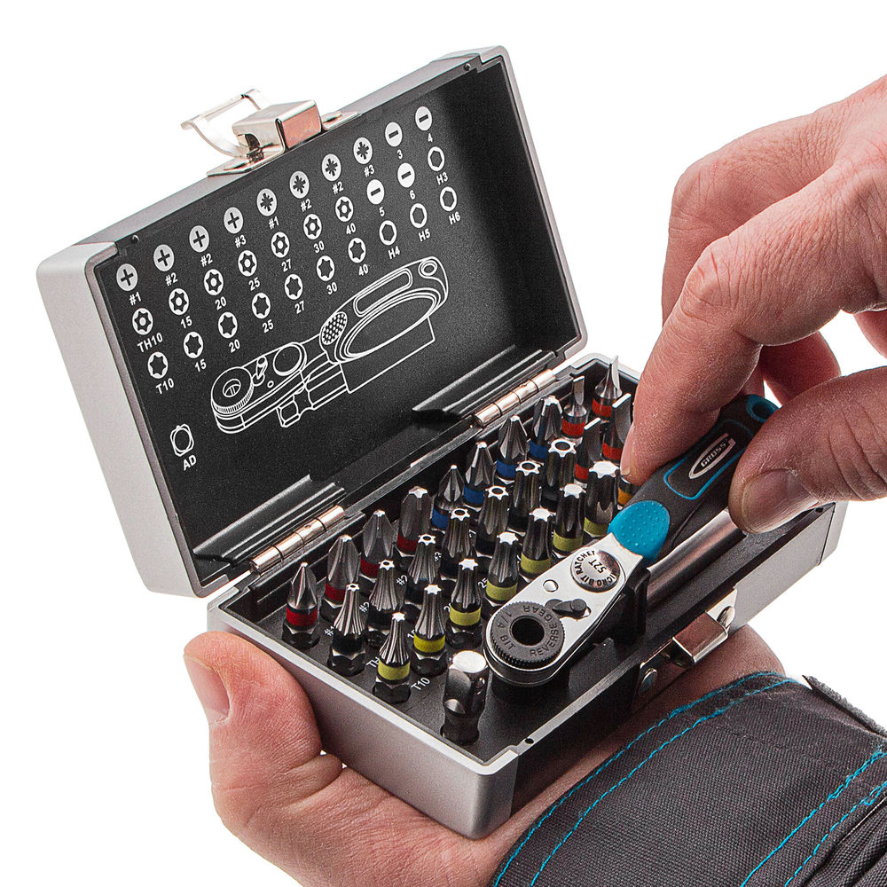 Набор бит, 1/4, магнитный адаптер, сталь S2, пластиковый кейс, 33 предмета Gross (11365)