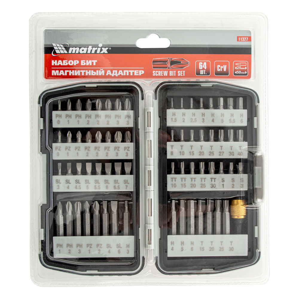 Набор бит, магнитный адаптер, CrV, пластиковый кейс, 64 шт. Matrix (11327)