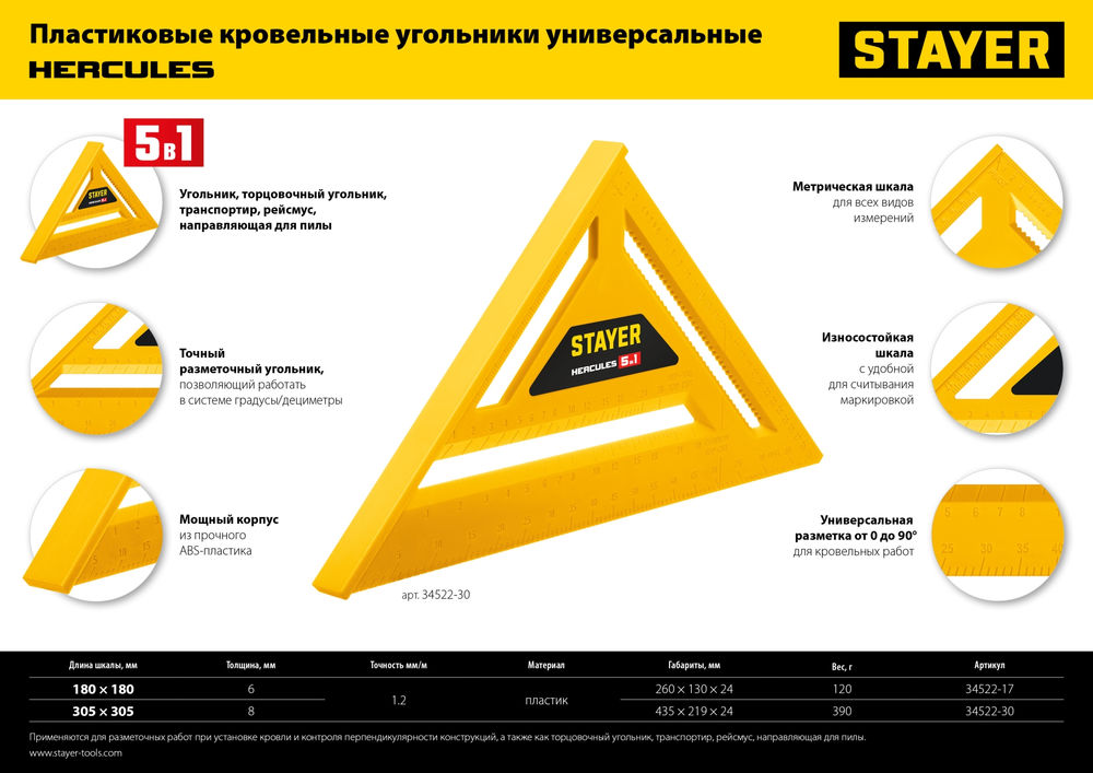 Угольник кровельный пластиковый 305 мм, 5-в-1, универсальный STAYER 34522-30
