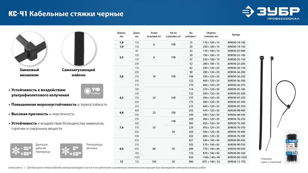 Кабельные стяжки КС-Ч1, 4.8 x 500 мм, нейлон РА66, 100 шт, черные ЗУБР Профессионал 309030-48-500