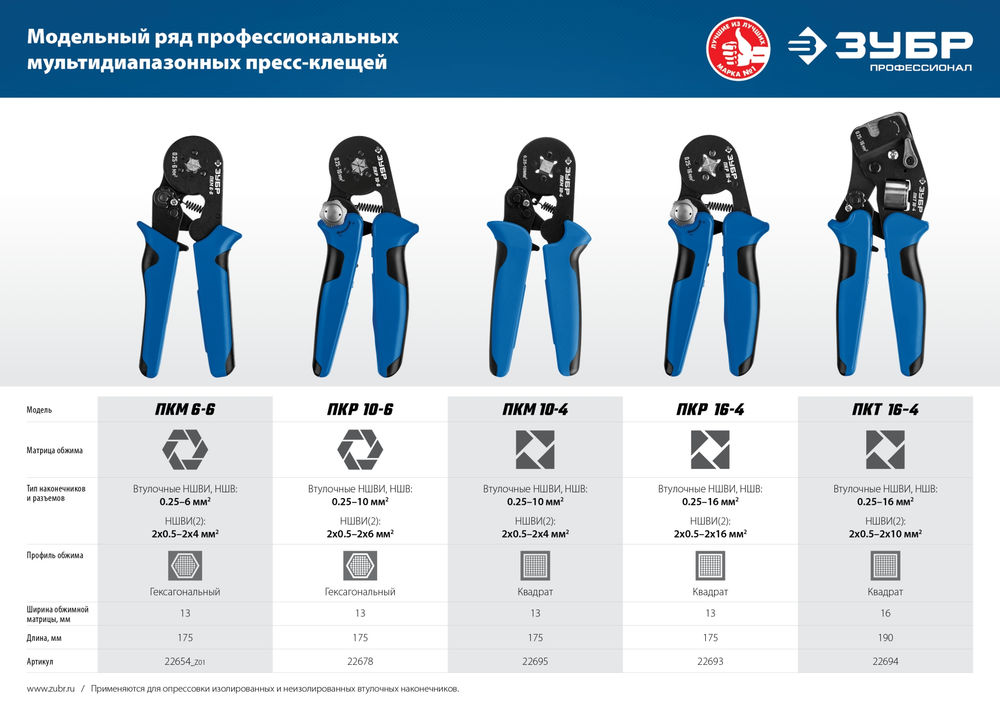 Пресс-клещи мультидиапазонные с шестигранным профилем 0.25 - 10 мм2 ЗУБР ПКР-10-6 Профессионал 22678