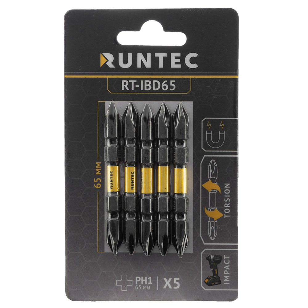 Бита ударная двусторонняя H6.35 65мм PH1/PH1 5шт. RUNTEC RT-IBD65