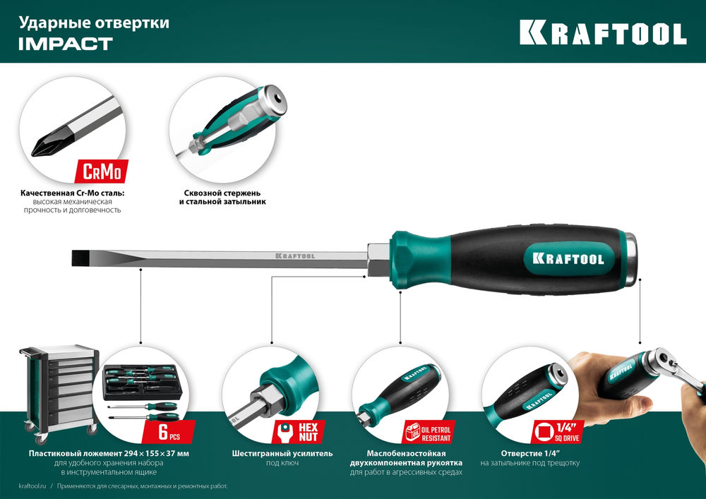 Отвертка ударная PZ 3, сквозной стержень Cr-Mo IMPACT KRAFTOOL 250035-3