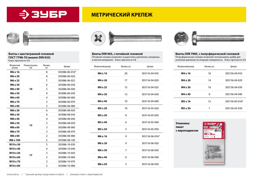 Болт M8 x 80 мм, кл. пр. 5.8, цинк, 2 шт, ГОСТ 7798-70 ЗУБР 303086-08-080