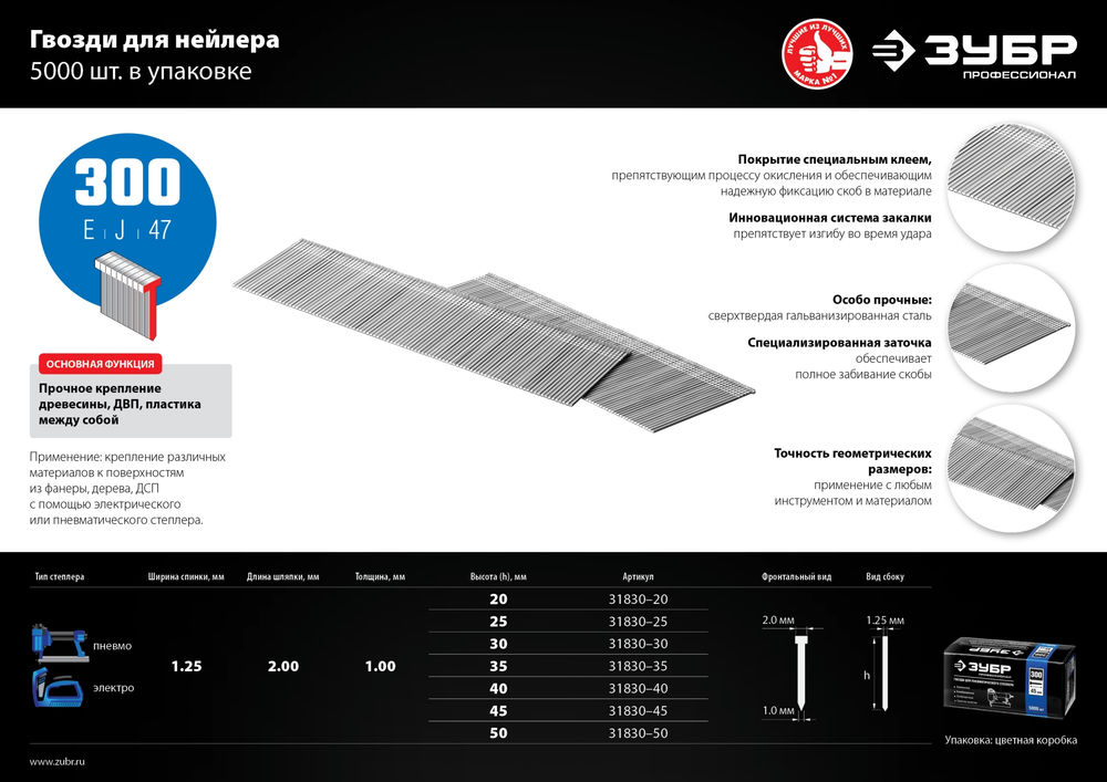 Гвозди строительные тип 300 (47/J/F) 20 мм, калибр 18GA, 5000 шт ЗУБР Профессионал 31830-20