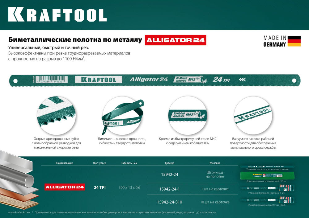 Полотно по металлу 300 мм 24 TPI биметаллическое гибкое Alligator-24 KRAFTOOL 15942-24-S10