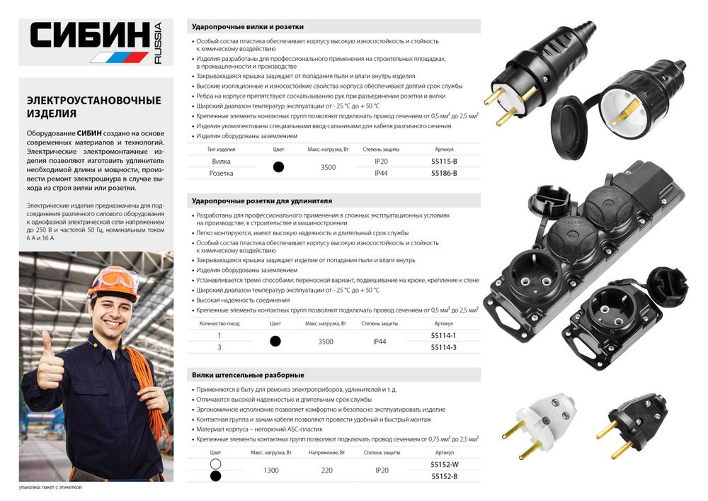 Прямая вилка черная 220 В IP44 СИБИН 55115-B