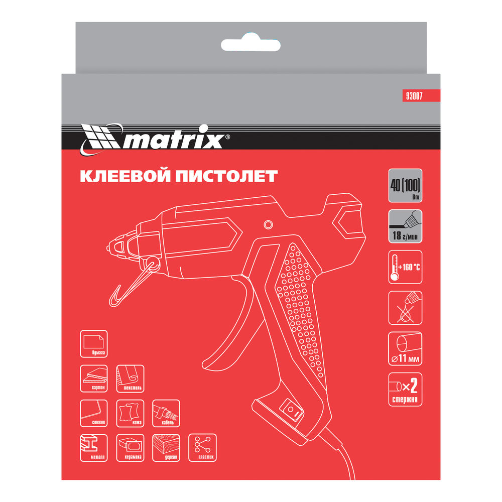 Клеевой пистолет, 11 мм, 40 (100) Вт, 18 г/мин, выключатель и индикатор напряжения Matrix (93007)