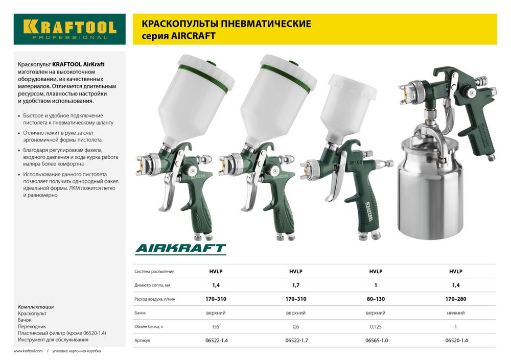 Пневматический краскопульт с нижним бачком AirKraft, HVLP, 1.4 мм KRAFTOOL 06520-1.4