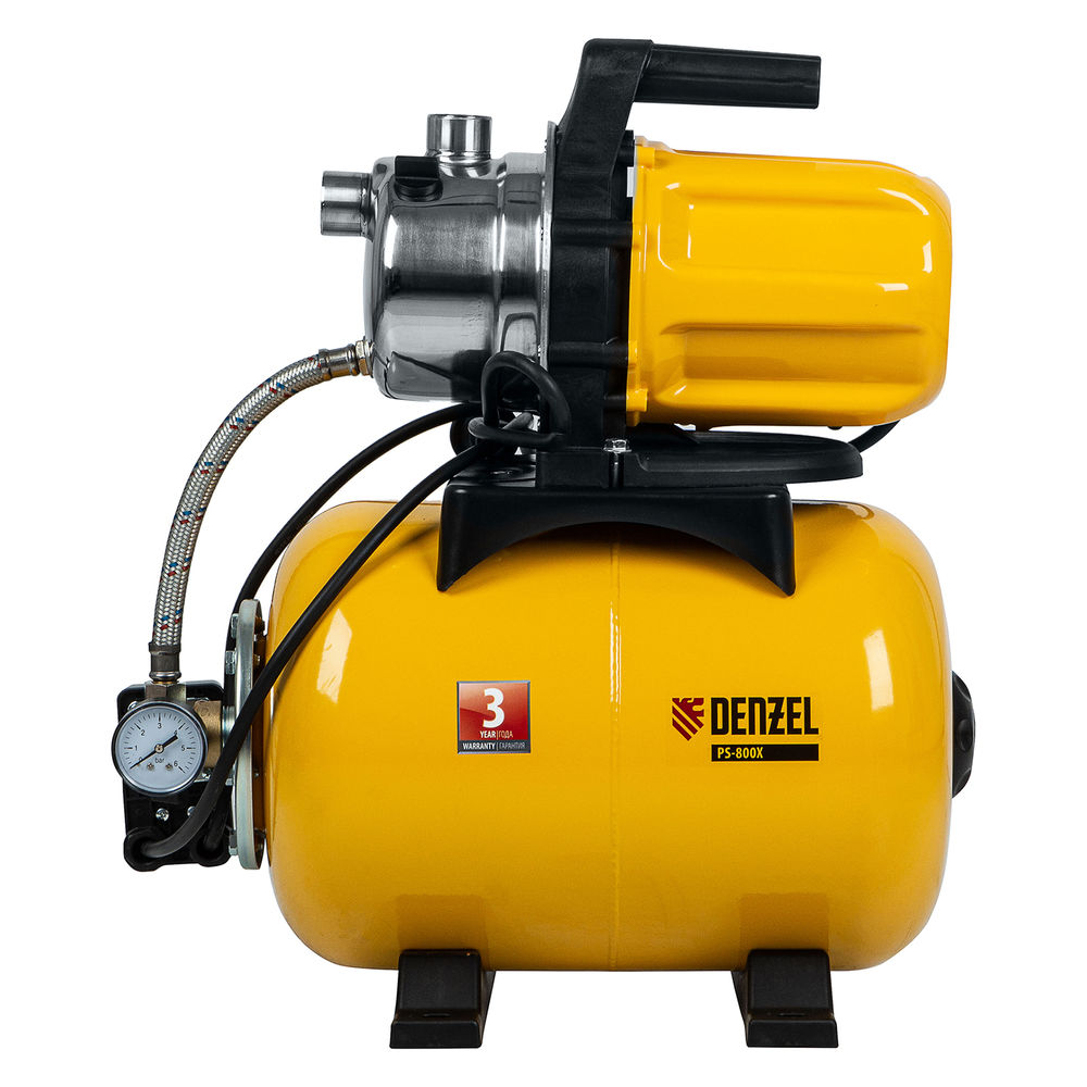 Насосная станция PS800X, 800 Вт, 3200 л/ч, ресивер 24 л, подъем 38 м, нержавейка Denzel (97210)