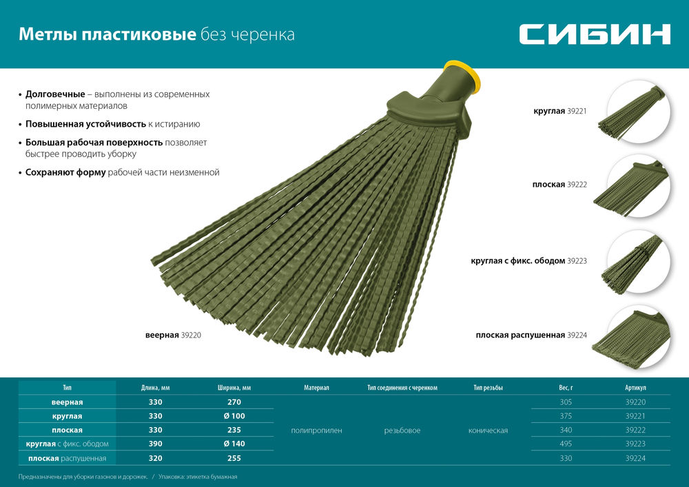 Пластиковая метла круглая с фиксирующим ободом 440 х 190 мм полипропилен коническое резьбовое соединение СИБИН 39223_z01