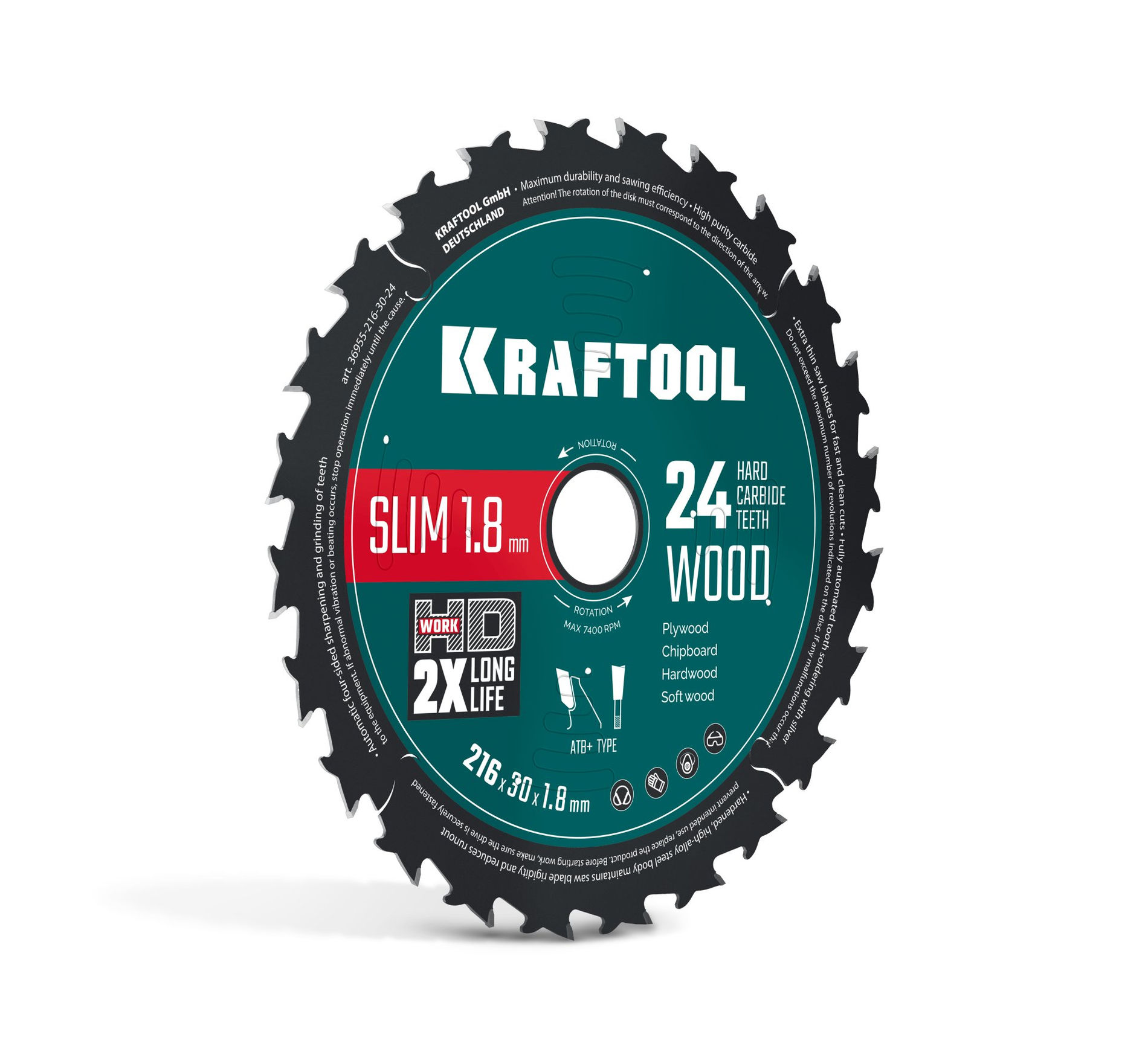 Диск пильный по дереву Slim wood cut, 216 х 30 x 1.8 мм, 24Т KRAFTOOL 36955-216-30-24