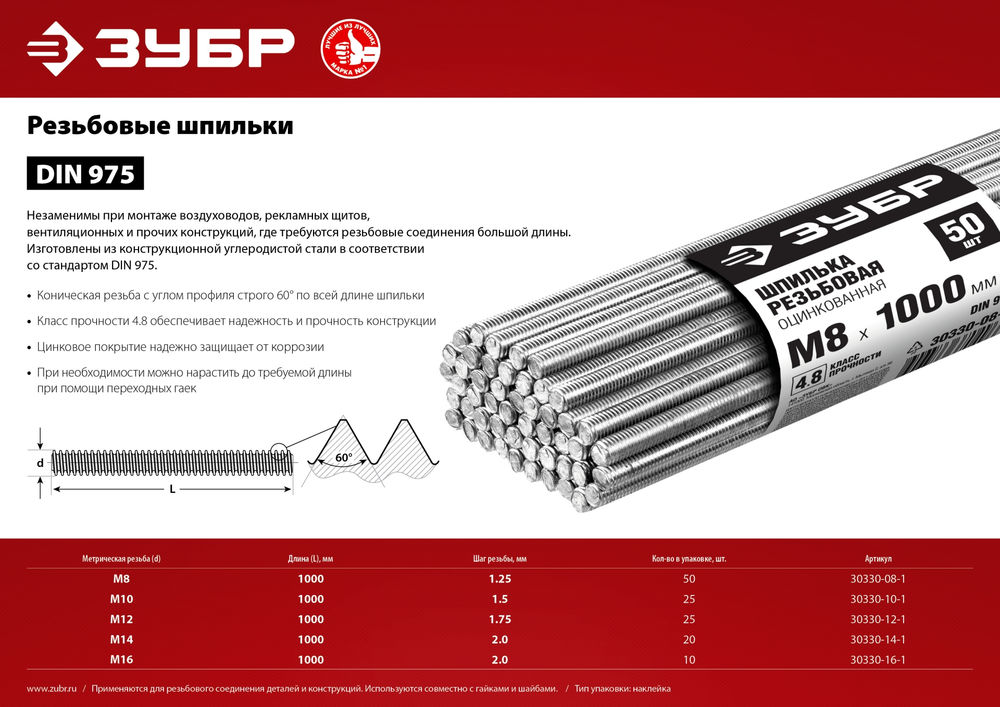 Резьбовая шпилька М8 x 1000 мм, кл. пр. 4.8, цинк, 50 шт ЗУБР DIN 975 30330-08-1