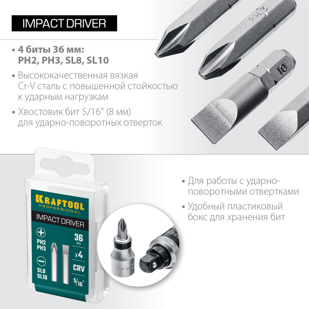 Набор бит для ударной отвертки, 4 шт, 36 мм KRAFTOOL 25551