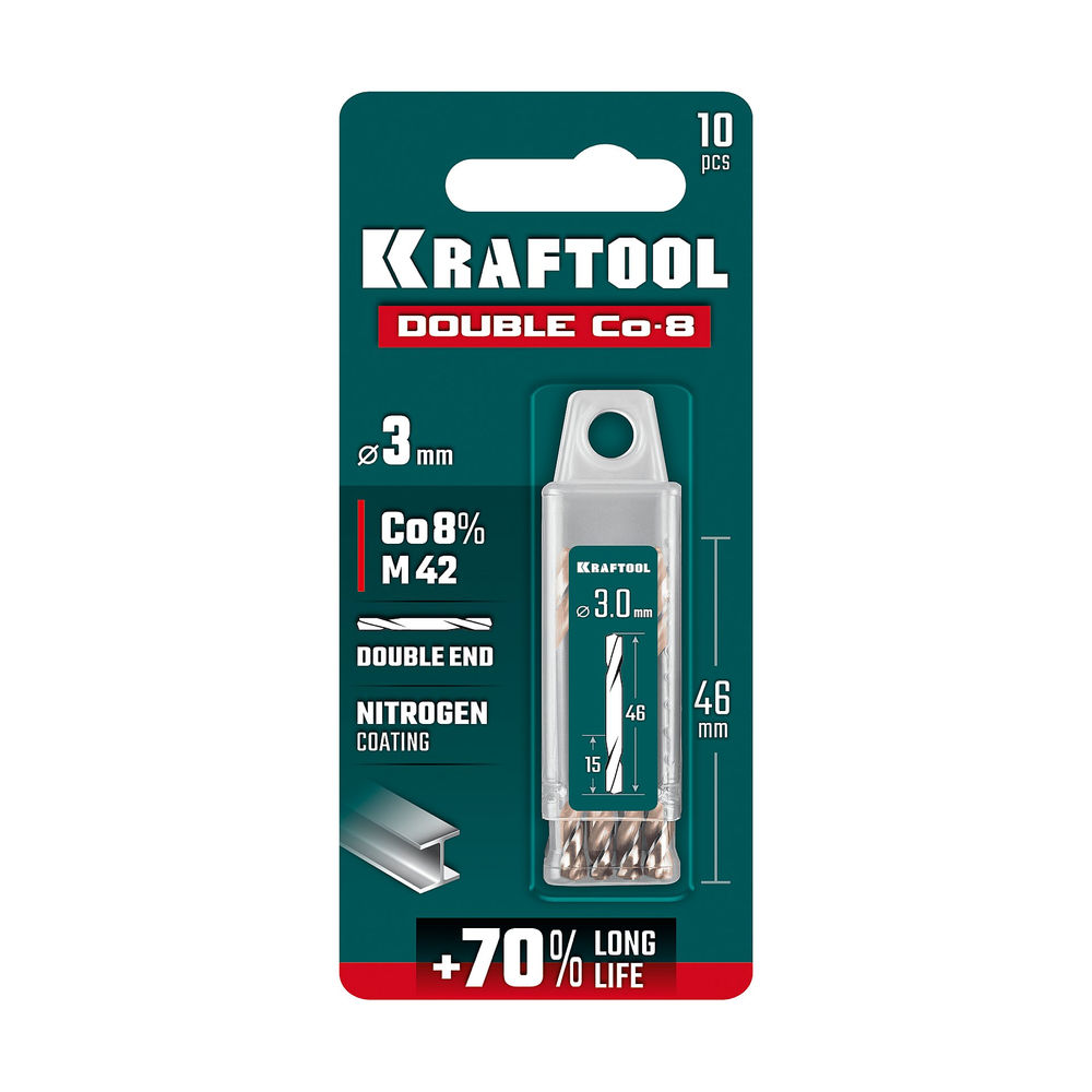 Сверло двухстороннее 3.0?46 мм по металлу DOUBLE Сo-8 сталь M42+8%Co класс А KRAFTOOL 29654-3.0-10