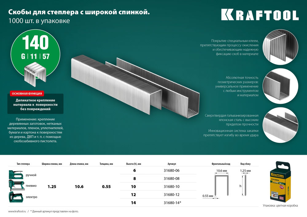 Скобы тип 140 (G/11/57), 8 мм, калибр 20GA, 1000 шт KRAFTOOL 31680-08