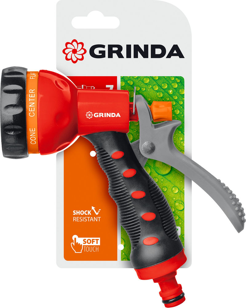 Поливочный пистолет T-7, 7 режимов, курок сзади, пластиковый с TPR GRINDA 8-427185