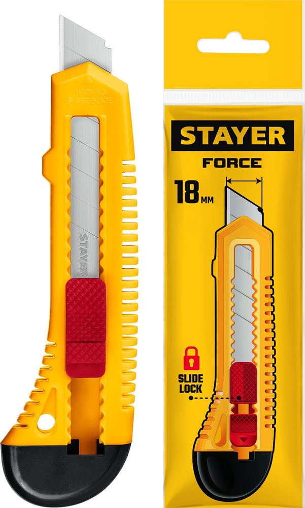 Нож упрочненный 18 мм из АБС пластика со сдвижным фиксатором FORCE STAYER 0911