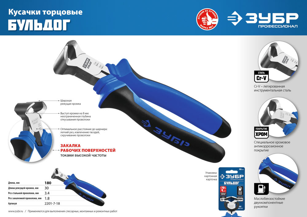 Кусачки торцевые 180 мм Профессионал ЗУБР 2201-7-18