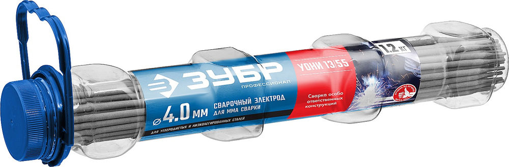 Электрод сварочный УОНИ 13/55 с основным покрытием D 4.0 x 350 мм, 1.2 кг в ПВХ тубе ЗУБР Профессионал 40021-4.0