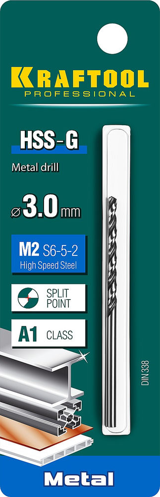 Сверло по металлу 3.0 х 61 мм сталь P6M5 HSS-G KRAFTOOL 29651-3