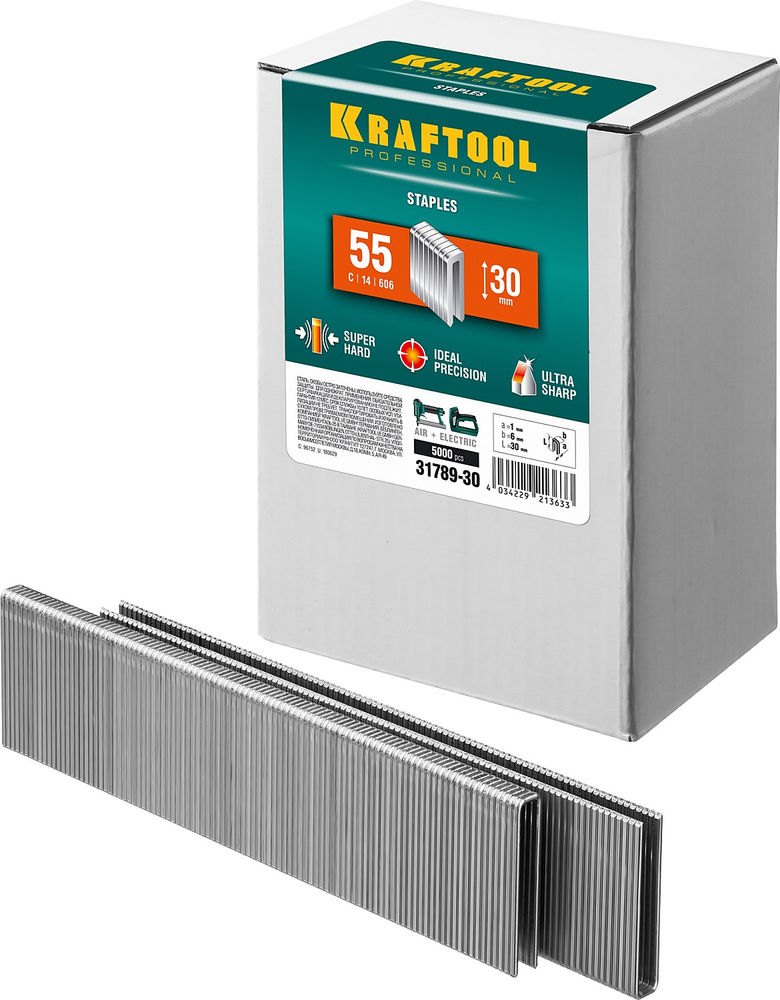 Скобы тип 55 (90/C), 30 мм, калибр 18GA, 5000 шт KRAFTOOL 31789-30