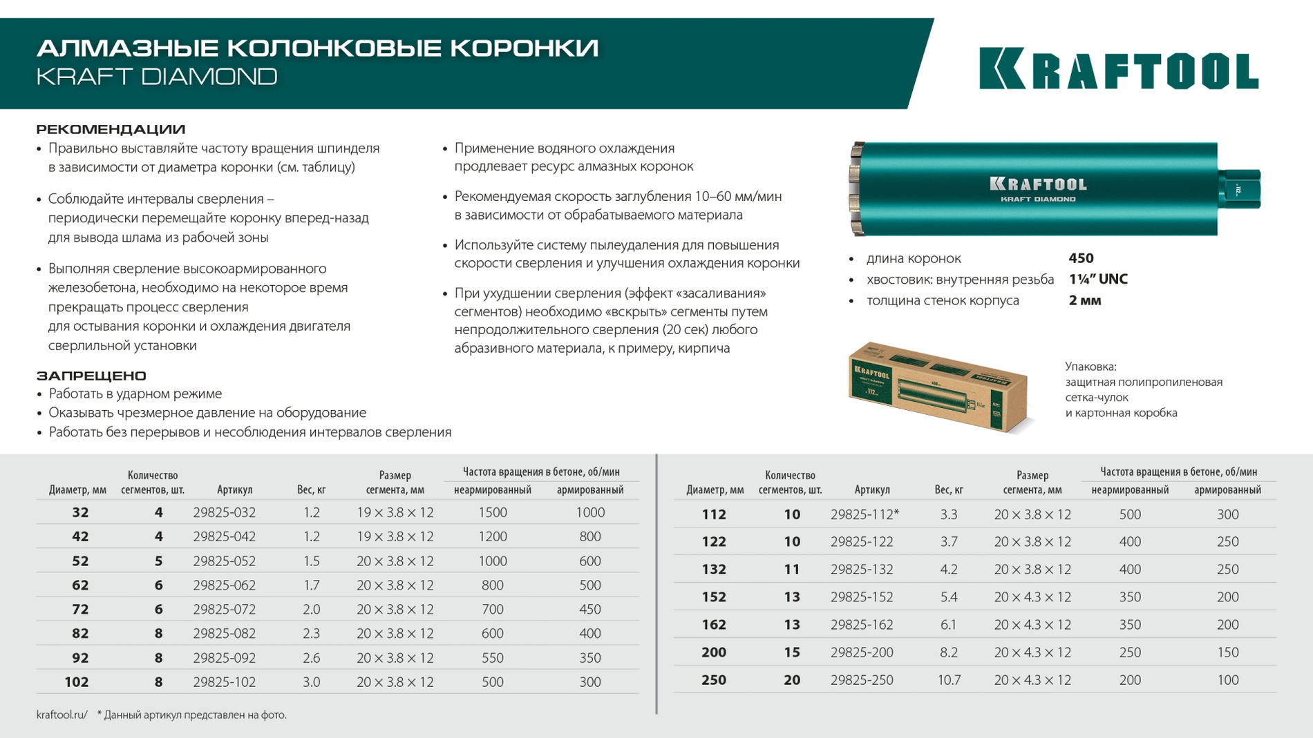KRAFTOOL DIAMOND 72 мм (450 мм, 1 1/4?, лазерная сварка, сухое сверление с микроударом), алмазная коронка по железобетону (29825-072)