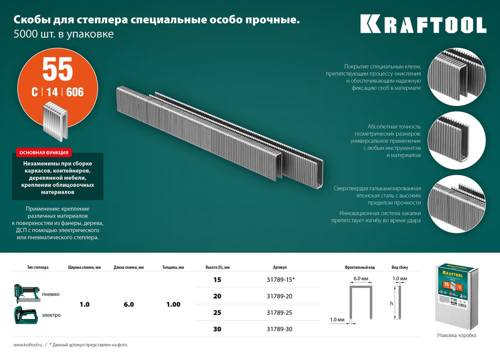 Скобы тип 55 (90/C), 15 мм, калибр 18GA, 5000 шт KRAFTOOL 31789-15