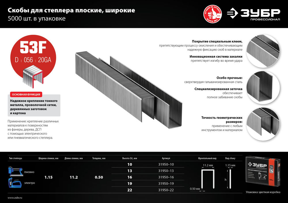 Скобы 22 мм, тип 53F (D/056), калибр 23GA, 5000 шт Профессионал ЗУБР 31950-22