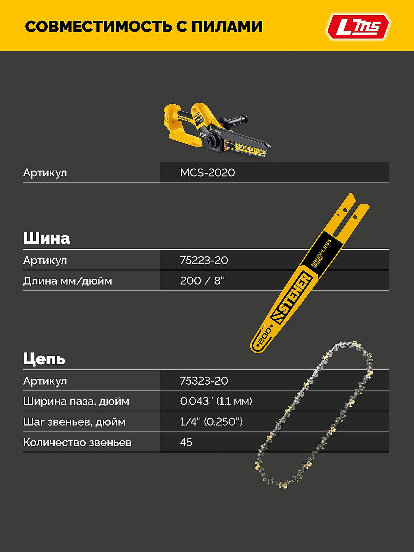 STEHER тип 23, 20 см, шаг 1/4?, паз 1.1 мм, 45 звеньев, шина (75223-20)