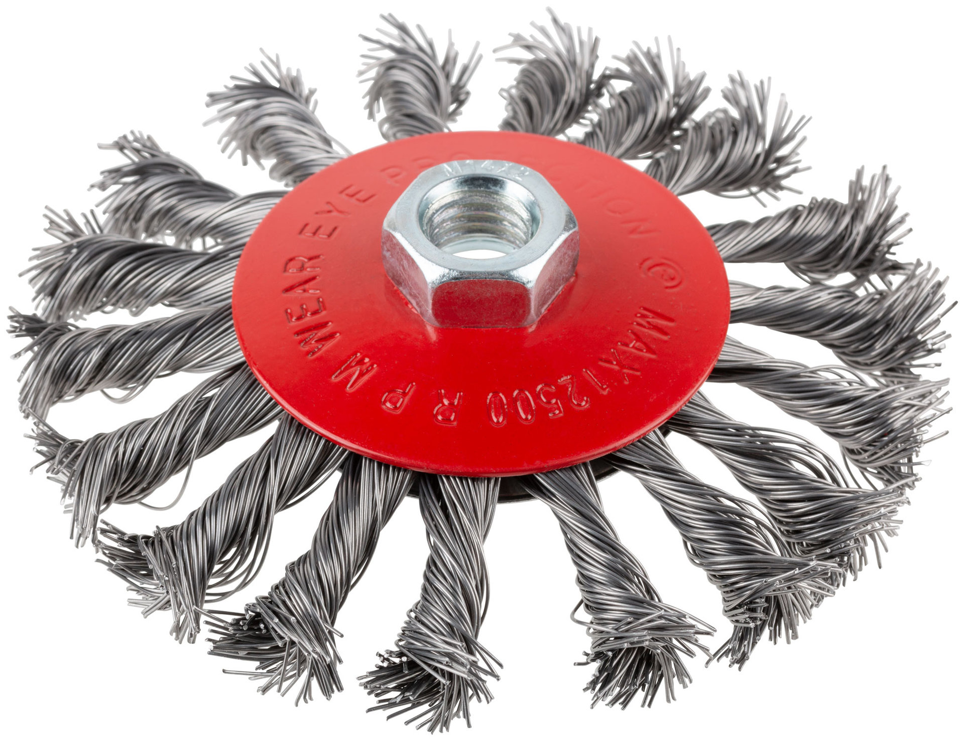 Корщетка-колесо с наклоном, гайка М14, стальная витая проволока 115 мм, блистер (39088)