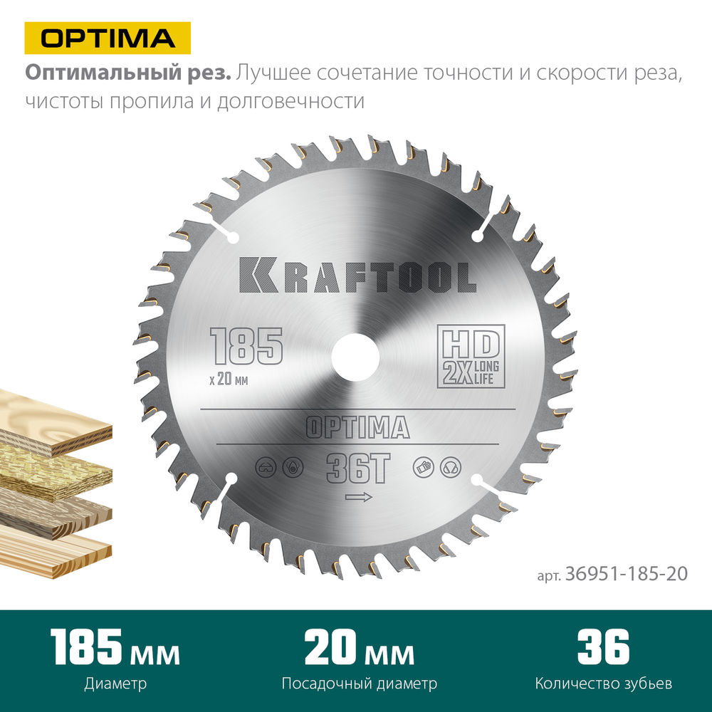 Пильный диск по дереву Optima, 185 х 20 мм, 36Т KRAFTOOL 36951-185-20