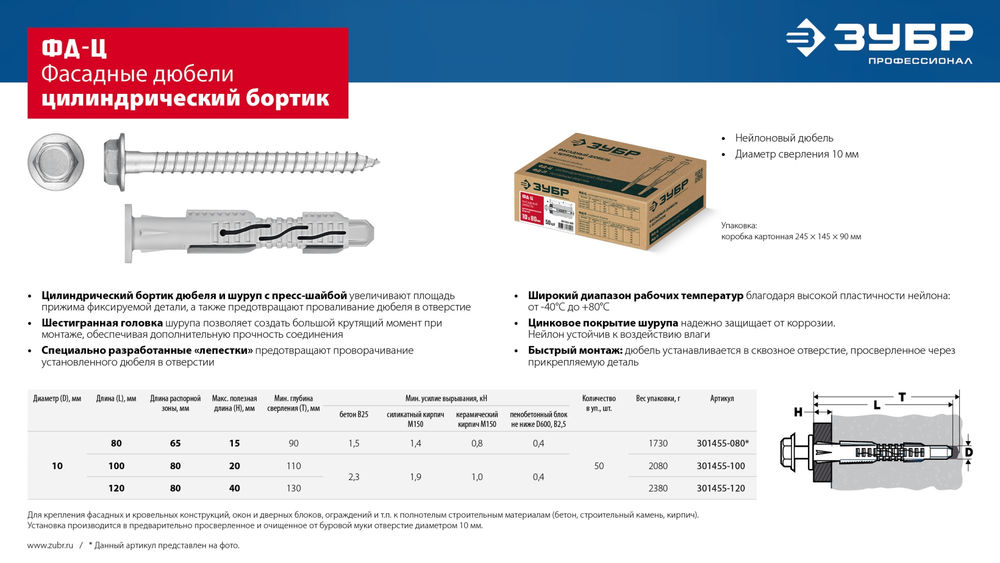 Дюбель фасадный ФД-Ц 10 x 80 мм, нейлон/цинк, 50 шт ЗУБР 301455-080
