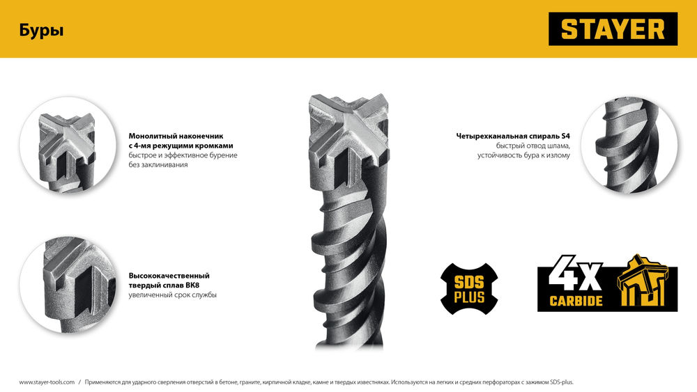 Бур SDS-plus HERCULES-4Х 10x310 мм STAYER 29290-310-10