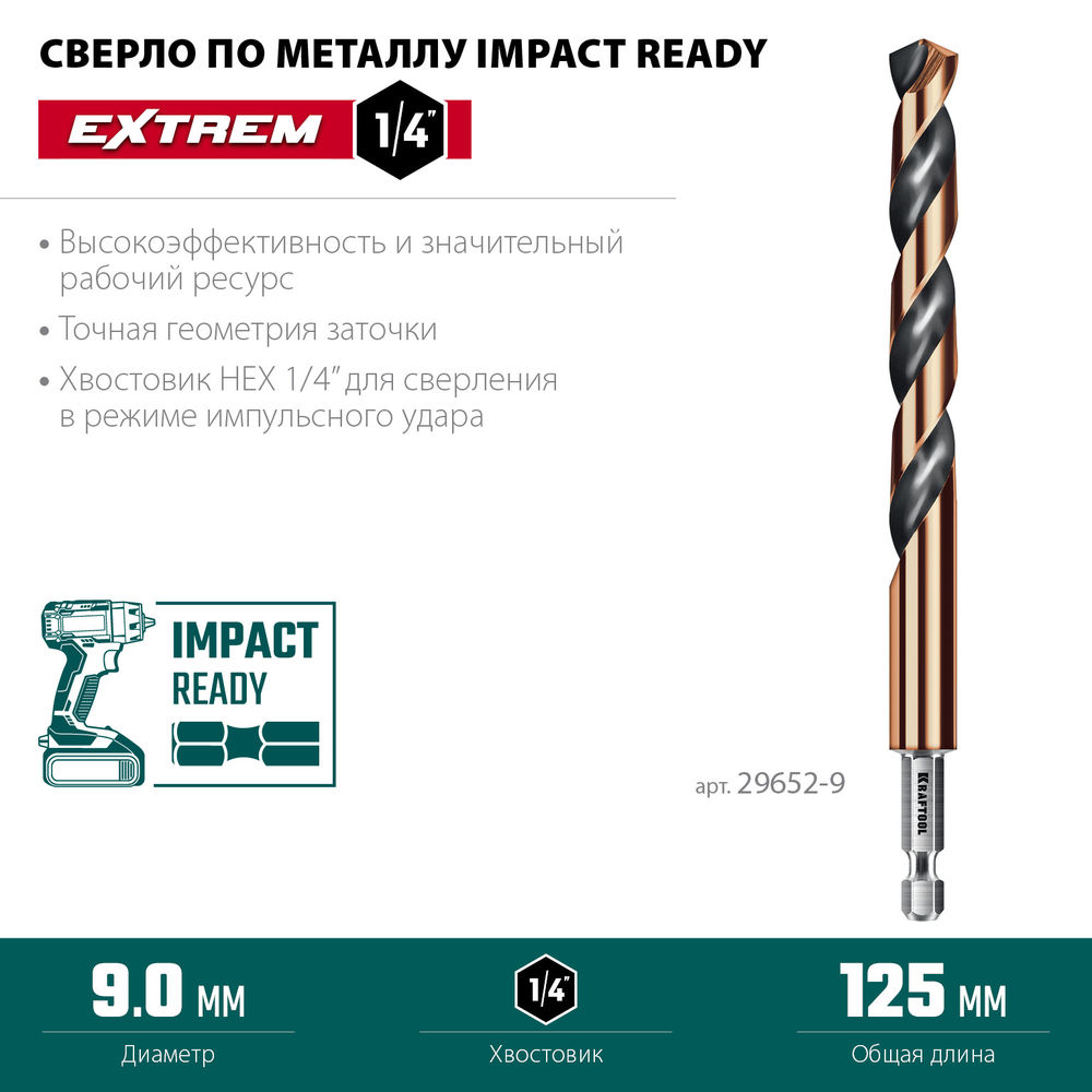 Сверло по металлу для винтовёртов и шуруповертов IMPACT READY НЕХ-1/4, d 9.0 х 125 мм KRAFTOOL 29652-9