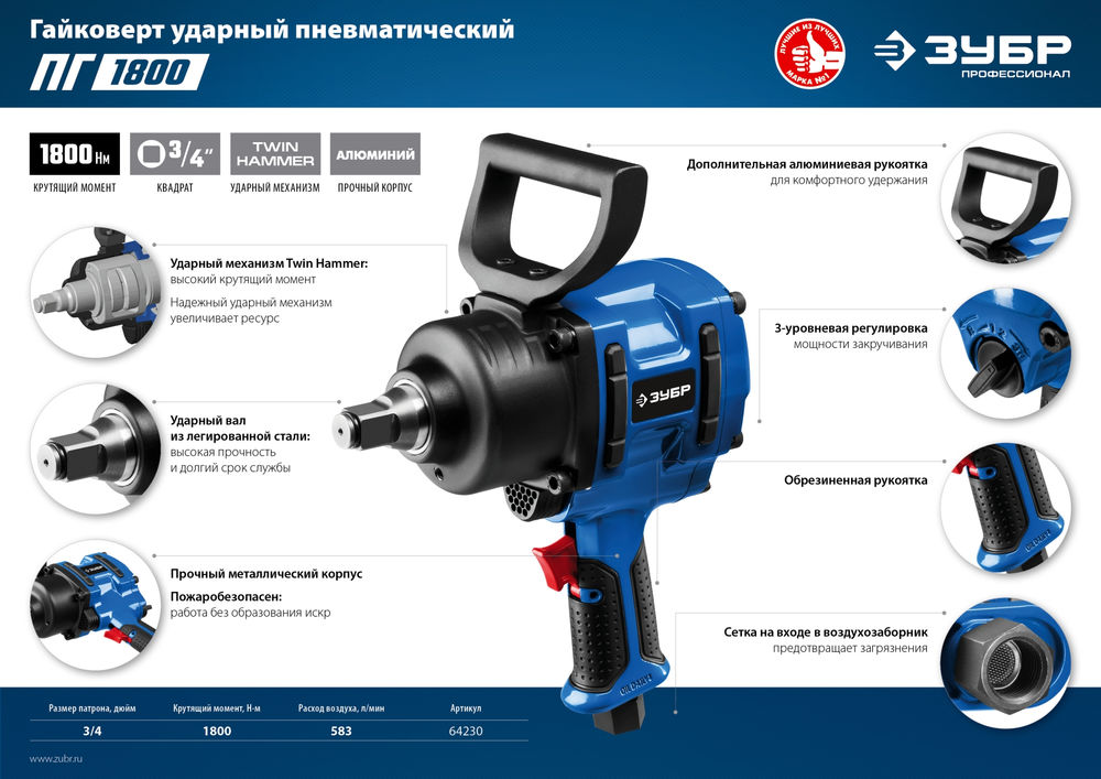 Гайковерт пневматический ударный 3/4 1800 Н·м ЗУБР ПГ-1800 Профессионал 64230