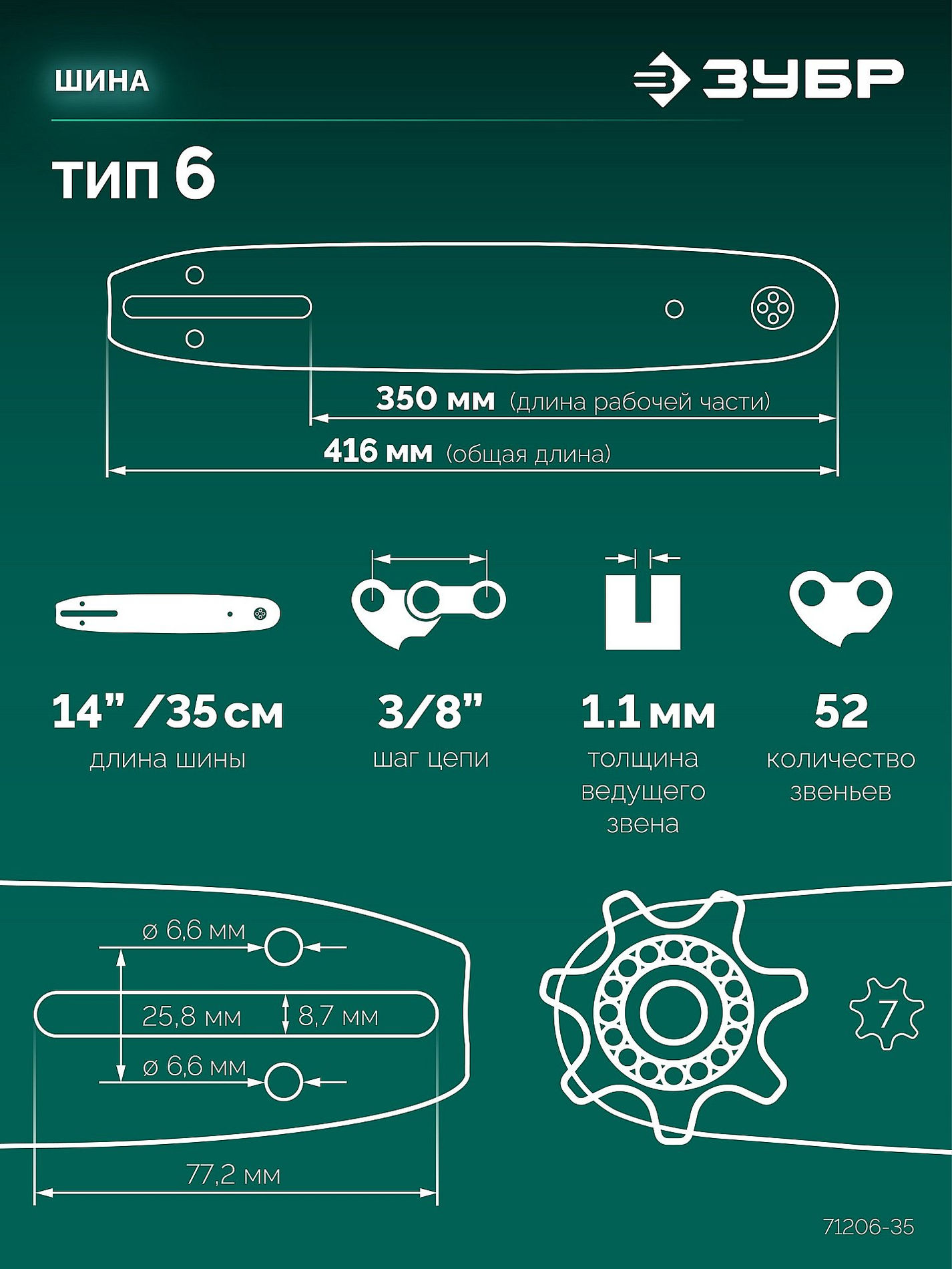 ЗУБР тип 6, 35 см, шаг 3/8?, паз 1.1 мм, 52 звена, шина (71206-35)